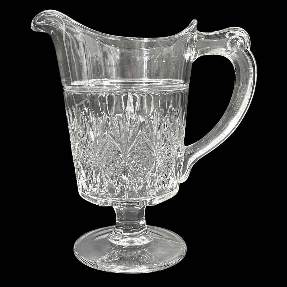 Antique 1880s Westmoreland Glass Diamond & Sunburst Footed Clear Glass Creamer